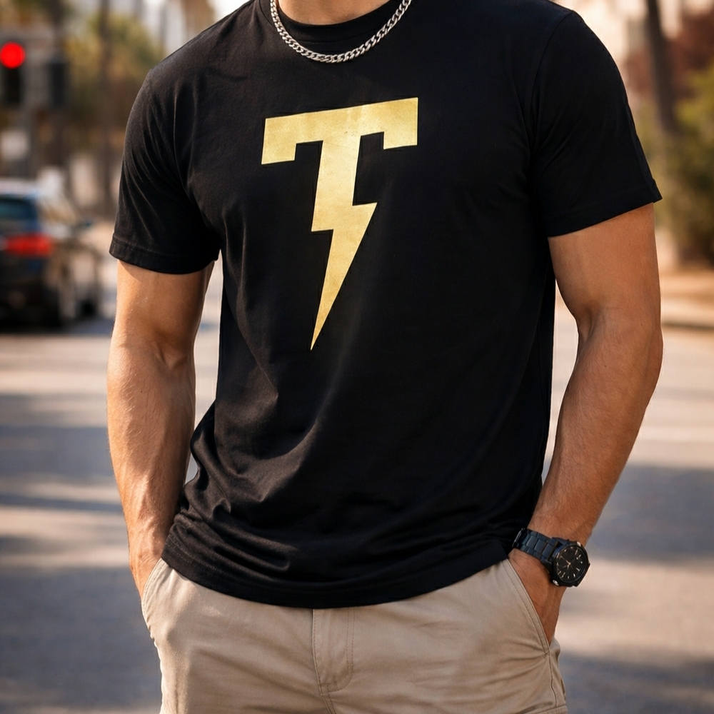 Men's Black Short-Sleeve Tee with Gold Bolt Graphic XL